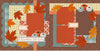 Two-page A Beautiful Fall Day scrapbook layout featuring rust orange maple leaves, golden oak leaves, layered autumn leaves, orange pumpkins, sage green pumpkins, cream pumpkins, brown damask background, mustard gingham paper. Designed for Fall Family Memories, Fall Scrapbook Page Kit, rust polka dot paper, brown polka dot paper, sage polka dot scallops, blue green plaid paper, orange striped accents, rust floral pattern, cream label banners, A Beautiful Fall Day title, layered photo mats.