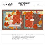 A Beautiful Fall Day 12x12 scrapbook page kit shown with golden oak leaves, layered autumn leaves, orange pumpkins, sage green pumpkins, cream pumpkins, brown damask background, mustard gingham paper, rust polka dot paper. Designed for Fall Scrapbook Page Kit, Autumn Scrapbook Page Kit, brown polka dot paper, sage polka dot scallops, blue green plaid paper, orange striped accents, rust floral pattern, cream label banners, A Beautiful Fall Day title, layered photo mats, fall leaf corner clusters.