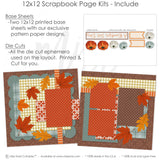 Detailed A Beautiful Fall Day scrapbook design featuring orange pumpkins, sage green pumpkins, cream pumpkins, brown damask background, mustard gingham paper, rust polka dot paper, brown polka dot paper, sage polka dot scallops. Designed for Fall Family Scrapbook Pages, Autumn Leaves Scrapbook Layout, blue green plaid paper, orange striped accents, rust floral pattern, cream label banners, A Beautiful Fall Day title, layered photo mats, fall leaf corner clusters, pumpkin embellishment cluster.