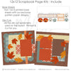 Detailed A Beautiful Fall Day scrapbook design featuring orange pumpkins, sage green pumpkins, cream pumpkins, brown damask background, mustard gingham paper, rust polka dot paper, brown polka dot paper, sage polka dot scallops. Designed for Fall Family Scrapbook Pages, Autumn Leaves Scrapbook Layout, blue green plaid paper, orange striped accents, rust floral pattern, cream label banners, A Beautiful Fall Day title, layered photo mats, fall leaf corner clusters, pumpkin embellishment cluster.