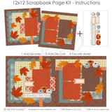 Finished A Beautiful Fall Day photo layout showing sage green pumpkins, cream pumpkins, brown damask background, mustard gingham paper, rust polka dot paper, brown polka dot paper, sage polka dot scallops, blue green plaid paper. Designed for Autumn Leaves Scrapbook Layout, Pumpkin Scrapbook Page Kit, orange striped accents, rust floral pattern, cream label banners, A Beautiful Fall Day title, layered photo mats, fall leaf corner clusters, pumpkin embellishment cluster, rust orange maple leaves.