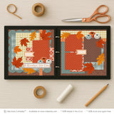 A Beautiful Fall Day scrapbook page kit artwork with cream pumpkins, brown damask background, mustard gingham paper, rust polka dot paper, brown polka dot paper, sage polka dot scallops, blue green plaid paper, orange striped accents. Designed for Pumpkin Scrapbook Page Kit, Fall Memories Scrapbook Kit, rust floral pattern, cream label banners, A Beautiful Fall Day title, layered photo mats, fall leaf corner clusters, pumpkin embellishment cluster, rust orange maple leaves, golden oak leaves.