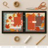 A Beautiful Fall Day scrapbook page kit artwork with cream pumpkins, brown damask background, mustard gingham paper, rust polka dot paper, brown polka dot paper, sage polka dot scallops, blue green plaid paper, orange striped accents. Designed for Pumpkin Scrapbook Page Kit, Fall Memories Scrapbook Kit, rust floral pattern, cream label banners, A Beautiful Fall Day title, layered photo mats, fall leaf corner clusters, pumpkin embellishment cluster, rust orange maple leaves, golden oak leaves.
