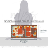 Coordinating A Beautiful Fall Day papers and die cuts featuring brown damask background, mustard gingham paper, rust polka dot paper, brown polka dot paper, sage polka dot scallops, blue green plaid paper, orange striped accents, rust floral pattern. Designed for Fall Memories Scrapbook Kit, Autumn Family Photo Scrapbook, cream label banners, A Beautiful Fall Day title, layered photo mats, fall leaf corner clusters, pumpkin embellishment cluster, rust orange maple leaves, golden oak leaves.