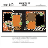 A Day At The Zoo 12x12 scrapbook page kit shown with giraffe print patterned paper, leopard print paper, zebra stripe borders, dalmatian spot pattern, black textured background, green leafy die cuts, a day at the zoo title, layered animal print photo mats. Designed for Zoo Scrapbook Page Kit, Animal Print Scrapbook Layout, scalloped black photo frames, safari inspired paper blocks, two page zoo layout, black orange brown cream and green palette.