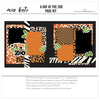 A Day At The Zoo 12x12 scrapbook page kit shown with giraffe print patterned paper, leopard print paper, zebra stripe borders, dalmatian spot pattern, black textured background, green leafy die cuts, a day at the zoo title, layered animal print photo mats. Designed for Zoo Scrapbook Page Kit, Animal Print Scrapbook Layout, scalloped black photo frames, safari inspired paper blocks, two page zoo layout, black orange brown cream and green palette.