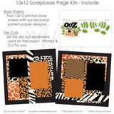 Detailed A Day At The Zoo scrapbook design featuring zebra stripe borders, dalmatian spot pattern, black textured background, green leafy die cuts, a day at the zoo title, layered animal print photo mats, scalloped black photo frames, safari inspired paper blocks. Designed for Family Zoo Trip Scrapbook, Kids Zoo Memory Pages, two page zoo layout, black orange brown cream and green palette, giraffe print patterned paper, leopard print paper.
