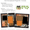 Detailed A Day At The Zoo scrapbook design featuring zebra stripe borders, dalmatian spot pattern, black textured background, green leafy die cuts, a day at the zoo title, layered animal print photo mats, scalloped black photo frames, safari inspired paper blocks. Designed for Family Zoo Trip Scrapbook, Kids Zoo Memory Pages, two page zoo layout, black orange brown cream and green palette, giraffe print patterned paper, leopard print paper.