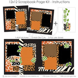 Finished A Day At The Zoo photo layout showing dalmatian spot pattern, black textured background, green leafy die cuts, a day at the zoo title, layered animal print photo mats, scalloped black photo frames, safari inspired paper blocks, two page zoo layout. Designed for Kids Zoo Memory Pages, Safari Scrapbook Paper Kit, black orange brown cream and green palette, giraffe print patterned paper, leopard print paper, zebra stripe borders.