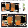 Finished A Day At The Zoo photo layout showing dalmatian spot pattern, black textured background, green leafy die cuts, a day at the zoo title, layered animal print photo mats, scalloped black photo frames, safari inspired paper blocks, two page zoo layout. Designed for Kids Zoo Memory Pages, Safari Scrapbook Paper Kit, black orange brown cream and green palette, giraffe print patterned paper, leopard print paper, zebra stripe borders.