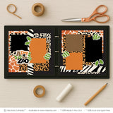 A Day At The Zoo scrapbook page kit artwork with black textured background, green leafy die cuts, a day at the zoo title, layered animal print photo mats, scalloped black photo frames, safari inspired paper blocks, two page zoo layout, black orange brown cream and green palette. Designed for Safari Scrapbook Paper Kit, Zoo Adventure Photo Layout, giraffe print patterned paper, leopard print paper, zebra stripe borders, dalmatian spot pattern.