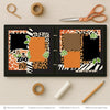 A Day At The Zoo scrapbook page kit artwork with black textured background, green leafy die cuts, a day at the zoo title, layered animal print photo mats, scalloped black photo frames, safari inspired paper blocks, two page zoo layout, black orange brown cream and green palette. Designed for Safari Scrapbook Paper Kit, Zoo Adventure Photo Layout, giraffe print patterned paper, leopard print paper, zebra stripe borders, dalmatian spot pattern.