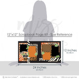Coordinating A Day At The Zoo papers and die cuts featuring green leafy die cuts, a day at the zoo title, layered animal print photo mats, scalloped black photo frames, safari inspired paper blocks, two page zoo layout, black orange brown cream and green palette, giraffe print patterned paper. Designed for Zoo Adventure Photo Layout, Wild Animal Scrapbook Pages, leopard print paper, zebra stripe borders, dalmatian spot pattern, black textured background.