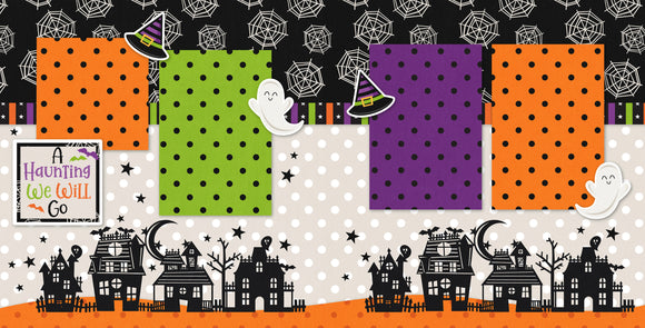 A Haunting We Will Go scrapbook page kit — Fall Scrapbook, layered die cut titles for themed layouts, ready-to-glue title banners and photo frames, precut designs for memory journaling, Witch Hat Scrapbook, Haunted House Layout, Halloween Paper, acid-free double-sided scrapbook supplies, 12x12 Page Kit, Scrapbook Supplies, Memory Book Kit, scrapbooking ephemera and cardstock cutouts, Halloween Scrapbook, pastel paper embellishments and photo mats
