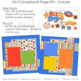 This All Boy kit features — ready-to-glue title banners and photo frames, pastel paper embellishments and photo mats, photo album kit, airplane die cut, precut designs for memory journaling, boy memories, acid-free double-sided scrapbook supplies, layered die cut titles for themed layouts, boy scrapbook, 12x12 page kit, baseball die cut, all boy kit, creative accents for scrapbook storytelling, scrapbooking ephemera and cardstock cutouts, boy theme