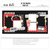 At The Movies 12x12 scrapbook page kit shown with polka dot patterned papers, star border strips, movie ticket die cut, striped popcorn bucket, filmstrip frame, yellow sparkle stars, popcorn pieces, at the movies marquee title. Designed for Movie Night Scrapbook Page Kit, Cinema Scrapbook Layout, layered photo mats, cinema inspired embellishments, two page movie layout, black red white and gray palette.