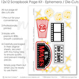 Coordinated At The Movies memory-keeping layout with star border strips, movie ticket die cut, striped popcorn bucket, filmstrip frame, yellow sparkle stars, popcorn pieces, at the movies marquee title, layered photo mats. Designed for Cinema Scrapbook Layout, Family Movie Night Scrapbook, cinema inspired embellishments, two page movie layout, black red white and gray palette, polka dot patterned papers.