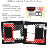 Detailed At The Movies scrapbook design featuring movie ticket die cut, striped popcorn bucket, filmstrip frame, yellow sparkle stars, popcorn pieces, at the movies marquee title, layered photo mats, cinema inspired embellishments. Designed for Family Movie Night Scrapbook, Movie Theater Memory Pages, two page movie layout, black red white and gray palette, polka dot patterned papers, star border strips.