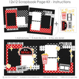 Finished At The Movies photo layout showing striped popcorn bucket, filmstrip frame, yellow sparkle stars, popcorn pieces, at the movies marquee title, layered photo mats, cinema inspired embellishments, two page movie layout. Designed for Movie Theater Memory Pages, Popcorn Scrapbook Paper Kit, black red white and gray palette, polka dot patterned papers, star border strips, movie ticket die cut.