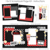 Finished At The Movies photo layout showing striped popcorn bucket, filmstrip frame, yellow sparkle stars, popcorn pieces, at the movies marquee title, layered photo mats, cinema inspired embellishments, two page movie layout. Designed for Movie Theater Memory Pages, Popcorn Scrapbook Paper Kit, black red white and gray palette, polka dot patterned papers, star border strips, movie ticket die cut.