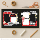 At The Movies scrapbook page kit artwork with filmstrip frame, yellow sparkle stars, popcorn pieces, at the movies marquee title, layered photo mats, cinema inspired embellishments, two page movie layout, black red white and gray palette. Designed for Popcorn Scrapbook Paper Kit, Film Themed Scrapbook Layout, polka dot patterned papers, star border strips, movie ticket die cut, striped popcorn bucket.