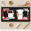 At The Movies scrapbook page kit artwork with filmstrip frame, yellow sparkle stars, popcorn pieces, at the movies marquee title, layered photo mats, cinema inspired embellishments, two page movie layout, black red white and gray palette. Designed for Popcorn Scrapbook Paper Kit, Film Themed Scrapbook Layout, polka dot patterned papers, star border strips, movie ticket die cut, striped popcorn bucket.