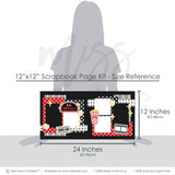 Coordinating At The Movies papers and die cuts featuring yellow sparkle stars, popcorn pieces, at the movies marquee title, layered photo mats, cinema inspired embellishments, two page movie layout, black red white and gray palette, polka dot patterned papers. Designed for Film Themed Scrapbook Layout, Date Night Scrapbook Pages, star border strips, movie ticket die cut, striped popcorn bucket, filmstrip frame.