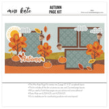 Autumn 12x12 scrapbook page kit shown with yellow and red leaves, orange pumpkins, brown acorns, gray plaid clouds, yellow sun, orange leaf die cuts, yellow leaf die cuts, rust leaf die cuts. Designed for Fall Family Scrapbook Page Kit, Autumn Scrapbook Page Kit, Autumn script title, teal damask pattern, brown damask pattern, orange polka dot paper, mustard branch pattern, pale blue background, brown photo mats, layered fall landscape, white die cut outlines, two page autumn layout.