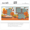 Autumn 12x12 scrapbook page kit shown with yellow and red leaves, orange pumpkins, brown acorns, gray plaid clouds, yellow sun, orange leaf die cuts, yellow leaf die cuts, rust leaf die cuts. Designed for Fall Family Scrapbook Page Kit, Autumn Scrapbook Page Kit, Autumn script title, teal damask pattern, brown damask pattern, orange polka dot paper, mustard branch pattern, pale blue background, brown photo mats, layered fall landscape, white die cut outlines, two page autumn layout.