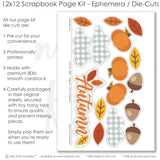 Coordinated Autumn memory-keeping layout with orange pumpkins, brown acorns, gray plaid clouds, yellow sun, orange leaf die cuts, yellow leaf die cuts, rust leaf die cuts, Autumn script title. Designed for Autumn Scrapbook Page Kit, Fall Family Photo Scrapbook Layout, teal damask pattern, brown damask pattern, orange polka dot paper, mustard branch pattern, pale blue background, brown photo mats, layered fall landscape, white die cut outlines, two page autumn layout.