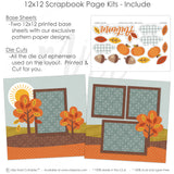 Detailed Autumn scrapbook design featuring brown acorns, gray plaid clouds, yellow sun, orange leaf die cuts, yellow leaf die cuts, rust leaf die cuts, Autumn script title, teal damask pattern. Designed for Fall Family Photo Scrapbook Layout, Pumpkin Scrapbook Page Kit, brown damask pattern, orange polka dot paper, mustard branch pattern, pale blue background, brown photo mats, layered fall landscape, white die cut outlines, two page autumn layout, coordinated fall embellishments.
