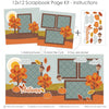 Finished Autumn photo layout showing gray plaid clouds, yellow sun, orange leaf die cuts, yellow leaf die cuts, rust leaf die cuts, Autumn script title, teal damask pattern, brown damask pattern. Designed for Pumpkin Scrapbook Page Kit, Autumn Memories Scrapbook Kit, orange polka dot paper, mustard branch pattern, pale blue background, brown photo mats, layered fall landscape, white die cut outlines, two page autumn layout, coordinated fall embellishments, orange autumn trees.