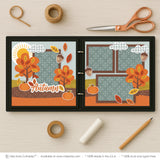 Autumn scrapbook page kit artwork with yellow sun, orange leaf die cuts, yellow leaf die cuts, rust leaf die cuts, Autumn script title, teal damask pattern, brown damask pattern, orange polka dot paper. Designed for Autumn Memories Scrapbook Kit, Fall Leaves Scrapbook Layout, mustard branch pattern, pale blue background, brown photo mats, layered fall landscape, white die cut outlines, two page autumn layout, coordinated fall embellishments, orange autumn trees, yellow and red leaves.