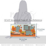 Coordinating Autumn papers and die cuts featuring orange leaf die cuts, yellow leaf die cuts, rust leaf die cuts, Autumn script title, teal damask pattern, brown damask pattern, orange polka dot paper, mustard branch pattern. Designed for Fall Leaves Scrapbook Layout, Family Fall Photos Scrapbook Kit, pale blue background, brown photo mats, layered fall landscape, white die cut outlines, two page autumn layout, coordinated fall embellishments, orange autumn trees, yellow and red leaves.