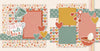 Two-page Baked With Love scrapbook layout featuring cream heart background, tiny floral paper, multicolor heart pattern, sage heart border, pastel striped paper, coral photo mats, mustard photo mat, sage photo mat. Designed for Family Baking Memories, Family Baking Scrapbook Kit, layered floral papers, soft vintage palette, baked with love title, mixing bowl die cut, measuring cup die cut, whisk die cut, measuring spoon die cuts, egg die cut, heart die cuts, coral heart accent.