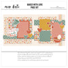Baked With Love 12x12 scrapbook page kit shown with tiny floral paper, multicolor heart pattern, sage heart border, pastel striped paper, coral photo mats, mustard photo mat, sage photo mat, layered floral papers. Designed for Family Baking Scrapbook Kit, Kitchen Memories Page Kit, soft vintage palette, baked with love title, mixing bowl die cut, measuring cup die cut, whisk die cut, measuring spoon die cuts, egg die cut, heart die cuts, coral heart accent, mustard heart accent.