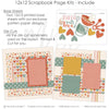 Detailed Baked With Love scrapbook design featuring sage heart border, pastel striped paper, coral photo mats, mustard photo mat, sage photo mat, layered floral papers, soft vintage palette, baked with love title. Designed for Baking With Kids Layout, Homemade Treats Scrapbook, mixing bowl die cut, measuring cup die cut, whisk die cut, measuring spoon die cuts, egg die cut, heart die cuts, coral heart accent, mustard heart accent, sage heart accent, kitchen utensil embellishments.