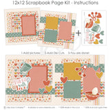 Finished Baked With Love photo layout showing pastel striped paper, coral photo mats, mustard photo mat, sage photo mat, layered floral papers, soft vintage palette, baked with love title, mixing bowl die cut. Designed for Homemade Treats Scrapbook, Family Recipe Memory Pages, measuring cup die cut, whisk die cut, measuring spoon die cuts, egg die cut, heart die cuts, coral heart accent, mustard heart accent, sage heart accent, kitchen utensil embellishments, retro baking artwork.