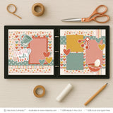 Baked With Love scrapbook page kit artwork with coral photo mats, mustard photo mat, sage photo mat, layered floral papers, soft vintage palette, baked with love title, mixing bowl die cut, measuring cup die cut. Designed for Family Recipe Memory Pages, Cookie Baking Photo Layout, whisk die cut, measuring spoon die cuts, egg die cut, heart die cuts, coral heart accent, mustard heart accent, sage heart accent, kitchen utensil embellishments, retro baking artwork, floral kitchen theme.