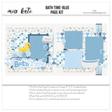 Bath Time Blue 12x12 scrapbook page kit shown with blue heart patterned paper, blue plaid paper strips, blue and white argyle pattern, pastel star background, yellow rubber duck, blue soap bubbles, white clawfoot bathtub, gray soap bar. Designed for Baby Bath Scrapbook Page Kit, Bath Time Scrapbook Layout, water splash die cuts, bath time title phrase, layered blue photo mats, soft blue navy yellow and white palette.