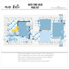 Bath Time Blue 12x12 scrapbook page kit shown with blue heart patterned paper, blue plaid paper strips, blue and white argyle pattern, pastel star background, yellow rubber duck, blue soap bubbles, white clawfoot bathtub, gray soap bar. Designed for Baby Bath Scrapbook Page Kit, Bath Time Scrapbook Layout, water splash die cuts, bath time title phrase, layered blue photo mats, soft blue navy yellow and white palette.
