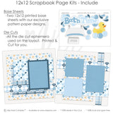 Detailed Bath Time Blue scrapbook design featuring blue and white argyle pattern, pastel star background, yellow rubber duck, blue soap bubbles, white clawfoot bathtub, gray soap bar, water splash die cuts, bath time title phrase. Designed for Rubber Duck Scrapbook Pages, Baby Boy Bath Scrapbook Kit, layered blue photo mats, soft blue navy yellow and white palette, blue heart patterned paper, blue plaid paper strips.