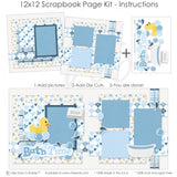 Finished Bath Time Blue photo layout showing pastel star background, yellow rubber duck, blue soap bubbles, white clawfoot bathtub, gray soap bar, water splash die cuts, bath time title phrase, layered blue photo mats. Designed for Baby Boy Bath Scrapbook Kit, Toddler Bath Photo Layout, soft blue navy yellow and white palette, blue heart patterned paper, blue plaid paper strips, blue and white argyle pattern.
