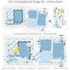 Finished Bath Time Blue photo layout showing pastel star background, yellow rubber duck, blue soap bubbles, white clawfoot bathtub, gray soap bar, water splash die cuts, bath time title phrase, layered blue photo mats. Designed for Baby Boy Bath Scrapbook Kit, Toddler Bath Photo Layout, soft blue navy yellow and white palette, blue heart patterned paper, blue plaid paper strips, blue and white argyle pattern.
