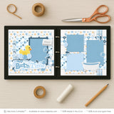 Bath Time Blue scrapbook page kit artwork with yellow rubber duck, blue soap bubbles, white clawfoot bathtub, gray soap bar, water splash die cuts, bath time title phrase, layered blue photo mats, soft blue navy yellow and white palette. Designed for Toddler Bath Photo Layout, Blue Bath Time Scrapbook Pages, blue heart patterned paper, blue plaid paper strips, blue and white argyle pattern, pastel star background.