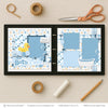 Bath Time Blue scrapbook page kit artwork with yellow rubber duck, blue soap bubbles, white clawfoot bathtub, gray soap bar, water splash die cuts, bath time title phrase, layered blue photo mats, soft blue navy yellow and white palette. Designed for Toddler Bath Photo Layout, Blue Bath Time Scrapbook Pages, blue heart patterned paper, blue plaid paper strips, blue and white argyle pattern, pastel star background.