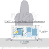 Coordinating Bath Time Blue papers and die cuts featuring blue soap bubbles, white clawfoot bathtub, gray soap bar, water splash die cuts, bath time title phrase, layered blue photo mats, soft blue navy yellow and white palette, blue heart patterned paper. Designed for Blue Bath Time Scrapbook Pages, Bathtub Memory Keeping Kit, blue plaid paper strips, blue and white argyle pattern, pastel star background, yellow rubber duck.