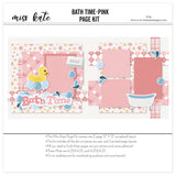 Bath Time Pink 12x12 scrapbook page kit shown with pink heart patterned paper, pink plaid paper strips, pink and white argyle pattern, pastel star background, yellow rubber duck, blue soap bubbles, white clawfoot bathtub, gray soap bar. Designed for Baby Bath Scrapbook Page Kit, Bath Time Scrapbook Layout, water splash die cuts, bath time title phrase, layered pink photo mats, soft pink blue yellow and white palette.