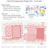 Detailed Bath Time Pink scrapbook design featuring pink and white argyle pattern, pastel star background, yellow rubber duck, blue soap bubbles, white clawfoot bathtub, gray soap bar, water splash die cuts, bath time title phrase. Designed for Rubber Duck Scrapbook Pages, Baby Girl Bath Scrapbook Kit, layered pink photo mats, soft pink blue yellow and white palette, pink heart patterned paper, pink plaid paper strips.