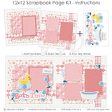 Finished Bath Time Pink photo layout showing pastel star background, yellow rubber duck, blue soap bubbles, white clawfoot bathtub, gray soap bar, water splash die cuts, bath time title phrase, layered pink photo mats. Designed for Baby Girl Bath Scrapbook Kit, Toddler Bath Photo Layout, soft pink blue yellow and white palette, pink heart patterned paper, pink plaid paper strips, pink and white argyle pattern.